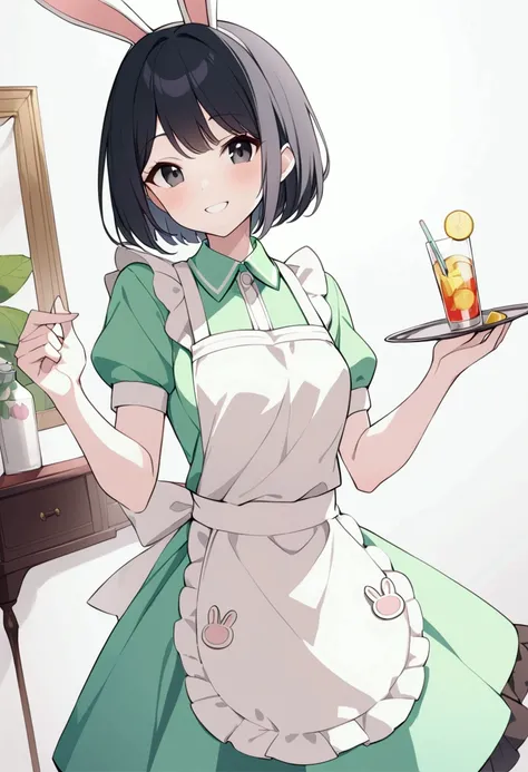 Long apron、 black hair、 semi-long、 black eyes、green short sleeve、rabbit patch apron、 gentle vibe 、、care、Only from the waist up、True Face、 with a cheerful smile、Light、 smiles