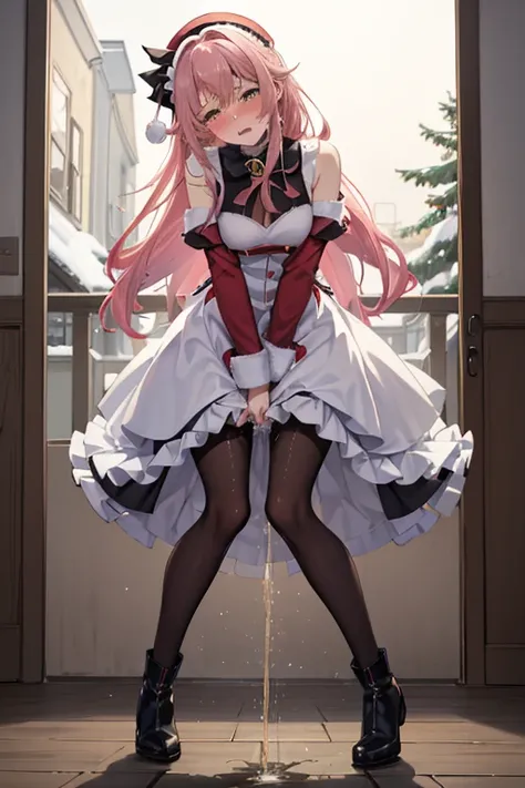 "Anime girl, 1 personne, cheveux rouge vif, cheveux mi-longs, yeux rouge foncé, bonnet de noel, tenue de tube du père Noël, robe rouge, gros seins, bas, holding boîte-cadeau de Noël, boîte-cadeau de Noël, neige qui tombe, Noël ,Seul, vue de face, (Full HD ...