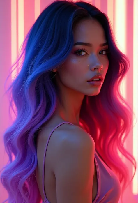 A striking mixed-race young woman with radiant caramel complexion (RGB: 198, 156, 109), her hair transformed into a mesmerizing cascade of vibrant colors. Long, silky hair flows freely, creating dynamic movement with a gradient transition from deep purple ...