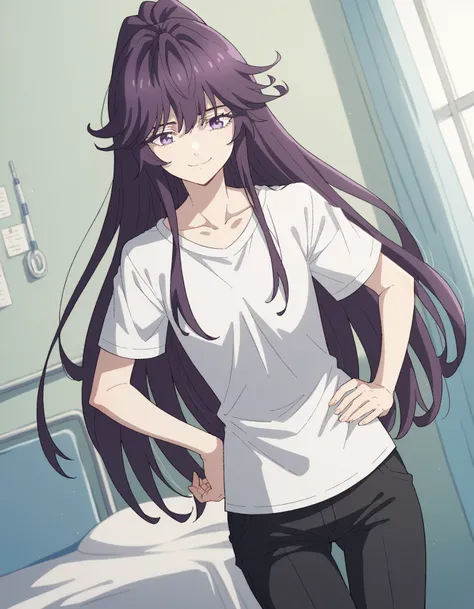 score_9, score_8_up, score_7_up, source_anime, elfaria albis serfort, long hair tied in a high ponytail, black hair, purple hair details, purple eyes, black eyelashes, sidelocks, flat chest, school shirt, white shirt with sleeves covering shoulders, simple...