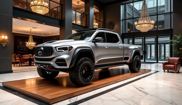 "A luxurious showroom interior featuring a heavy-duty Mercedes-Benz GLE 2026 model truck displayed on a premium wooden platform. The truck is massive, modern, and rugged, painted in a metallic silver tone with striking details. The showroom has high ceilin...