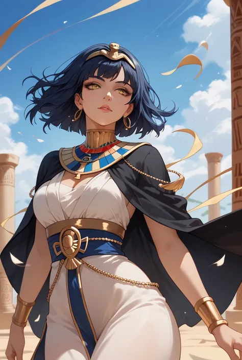 beautiful and sweet, anime (drawn)  woman with yellow eyes ,  Dark blue hair, egyptian,  18 years old,   sexy ,  in a black cloak , In the wind  