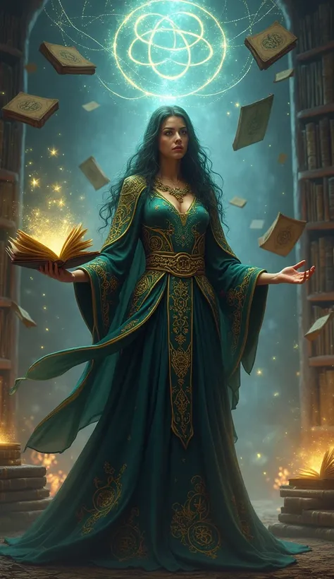 Rune Witch: A woman wearing a robe filled with glowing runic symbols, holding a floating grimoire. She stands in a mystical library with books and runes hovering around her.