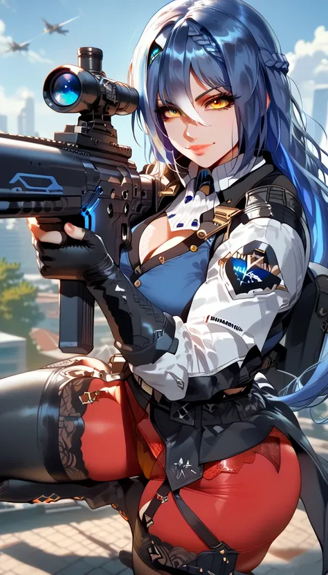 ultra-detailed, 1girl, solo, Etra, Vt_1st, (masterpiece)), (best quality), (highres), 16K, long hair, braid, yellow eyes, garter straps, blue hair, tactical clothes, tactical belt, thighhighs, boots, red panties, white streaked hair, hairclip, mature body,...