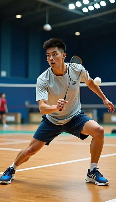 A Korean man holding a badminton racket, dressed in badminton attire. The background is an indoor badminton court, and he is wearing badminton shoes.