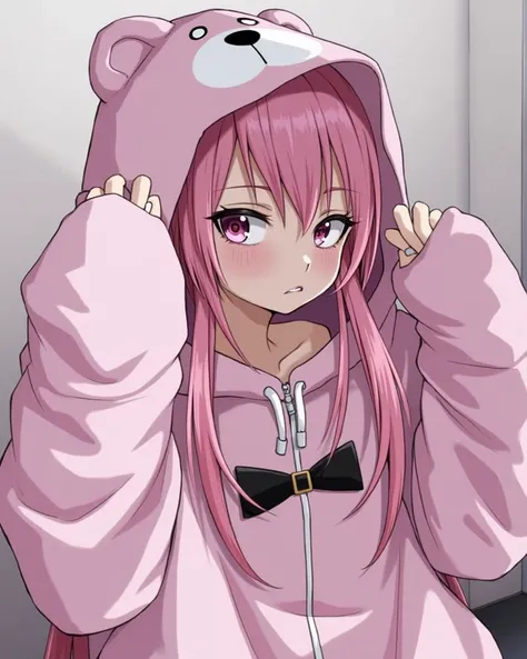 The image is a portrait of a young woman with long pink hair. She is wearing a pink hoodie with a bear design on the front and a pair of pink gloves on the sides. The hoodie has a white bear face on the top and the gloves are also pink. The woman is lookin...