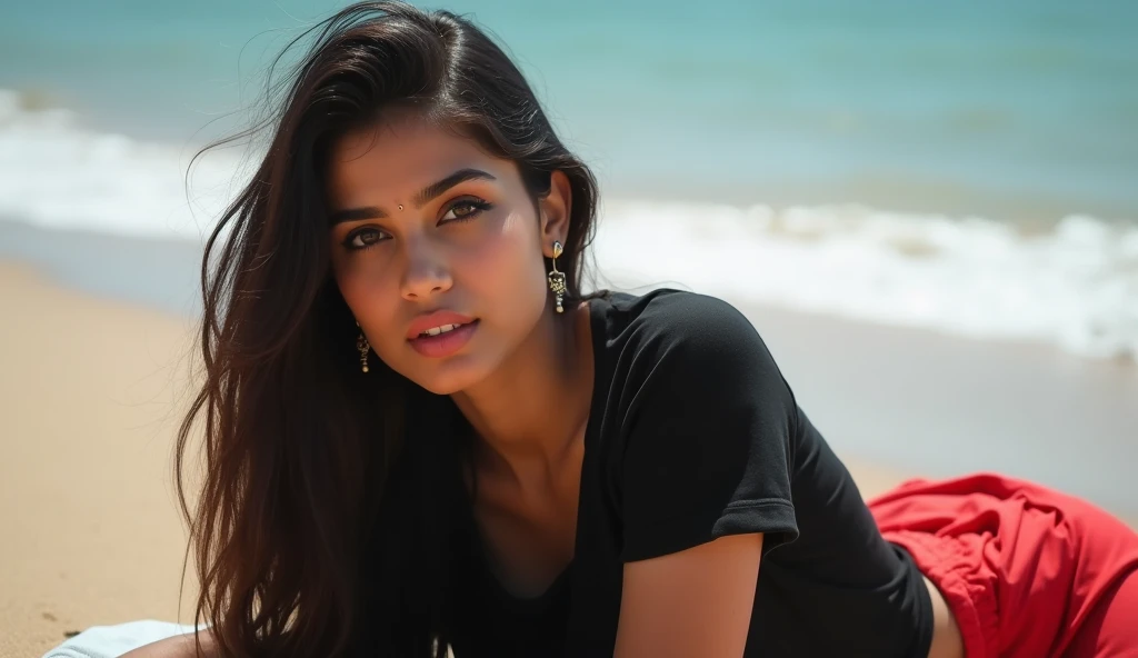 Image of a beautiful 30 years old indian girl laying in beach wearing black and red  t-shirt and pant, attractive eyes with kajal, pinky lips, with romantic look, little smile, stylish tiny earring