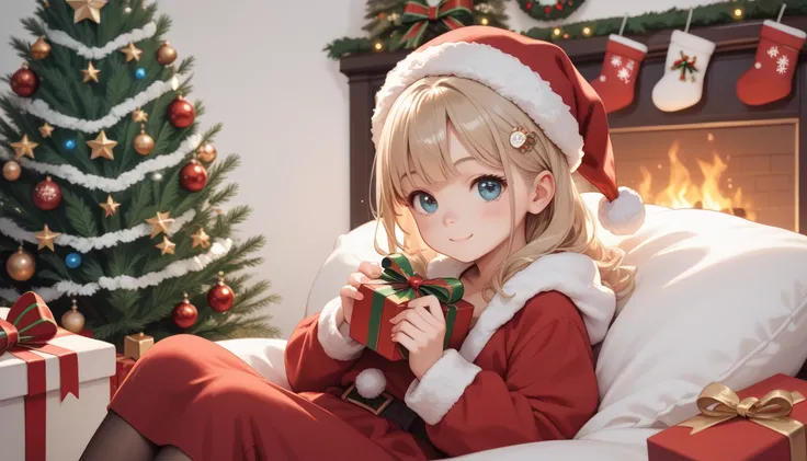  top quality ,Cute female Santa , little character, christmas tree, seems to be having fun