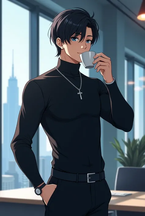 1 male, medium-length black hair, dark blue eyes, 25 year old office worker, black turtleneck, black pants, silver necklace, watch on left wrist, standing, holding a coffee cup, office building background, 4k, masterpiece, anime.