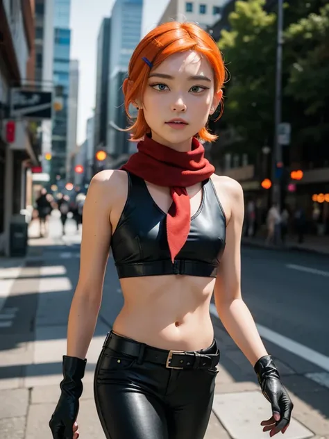 thighs,to throw,cameltoe, covered nipples, girl,blonde hair,Ojos rojos,Crown braid,black bow, short hair,choke, hair between the eyes ,blows,  hair tie  , red scarf,black bandeau, cropped jacket ,chaqueta marrón, flat chest ,neckline, sleeveless, bare shou...