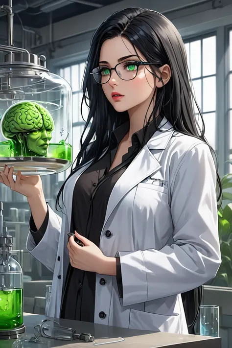  (masterpiece,  best quality, 8k,  high definition ), whole body,  1 girl ,  messy long black hair, Mid-chest,  green Eyes ,  soft lips , Beautiful face,  wearing glasses, open lab coat, eccentric scientist woman,  natural light,  detailed background,  Det...