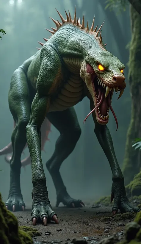 Here’s a detailed prompt for your request:  

"A massive, terrifying mutant creature with the elongated body of a giant snake fused seamlessly onto the muscular, quadrupedal frame of a dog. The creatures head resembles a venomous snake, with glowing yellow...