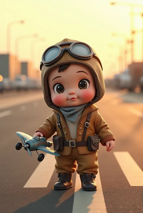 Create a picture of a baby on a runway . It wears clothes that look like a pilot. She has a small plane in her hand 