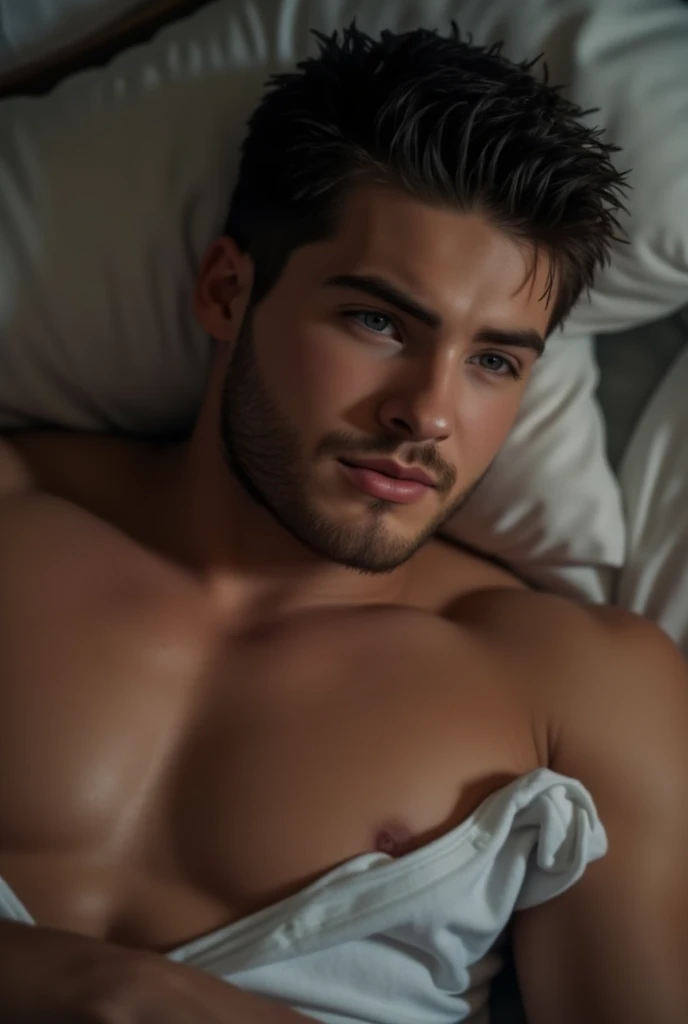 photorealistic portrait of Cody Christian, extremely detailed face, beautiful detailed eyes, beautiful detailed lips, longeyelashes, handsome man, laying on bed, romantic mood, shirtless, sweating, dramatic lighting, cinematic composition, vibrant colors, ...