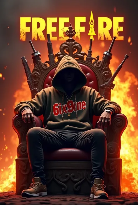 Create a rapper in Free Fire, he must sit on a throne and a fire is raging behind him with a huge FREE FIRE sign and he should be in a hood 
And his sweater says 6ix9ine
His face cant be seen from behind the hood 
And there are a lot of guns behind the thr...