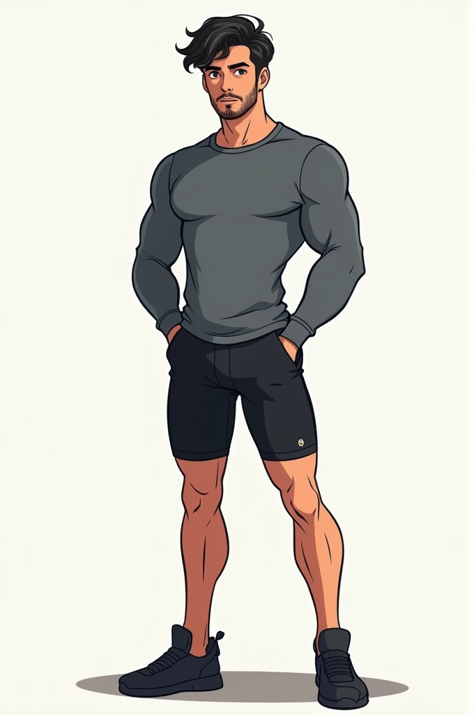  Full body image of a young man of 18 years with a slim but fit body wearing a long-sleeved t-shirt attached to his body in dark gray and a tight lycra shorts,  the man has dark wavy hair, white skin, a manly face and a little beard , The image must be in ...