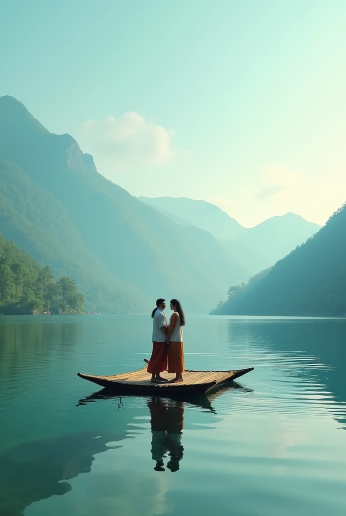 an Indonesian a couple of lovers standing on a raft sailing on a clear and beautiful lake, zoom out 