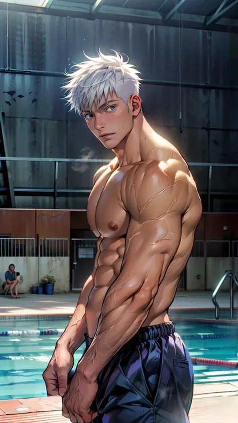 Gojo Satoru from Jujutsu Kaisen ((the best quality)), ((Masterpiece)), (details), perfect face, high definition, Masterpiece,4k,details clearly, Handsome face, white skin, perfect body, male body, strong muscles, abdomen, blue galaxy eyes, white skin, whit...