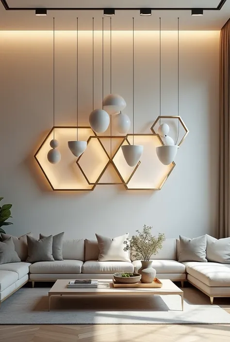 Geometric Floating Shapes

Design: Use interlocking geometric shapes (like hexagons or triangles) made from lightweight materials such as acrylic or metal. Suspend them at varying heights to create a dynamic floating effect.
Style: Modern and minimalistic,...