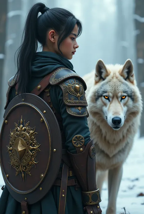  Warrior girl with intricate leather armor adorned with brass filigree and subtle, glowing aetherpunk accents, her raven hair tied in a ponytail, shield emblazoned with a wolfs head emblem securely fastened behind her back. A majestic wolf with piercing ye...