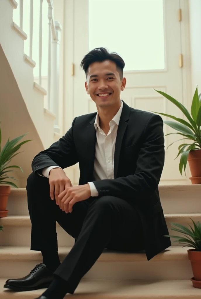 Cinematic photorealistic A young Indonesian man, 20 years old, short hair neatly combed back, wearing a white shirt, black jacket, black trousers, black shoes, eyes smiling sweetly looking at the camera, posing sitting on the stairs. The white background i...