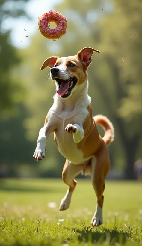 REAL DOGS , A dog that jumps to catch a flying doughnut, About to take a big bite,  very detailed, Beautiful park background,  Dynamic Actions, Dramatic Motion Blur,  Photorealistic , 8k,  very detailed,  bright colors ,  professional photos 