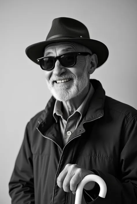 Black and white picture from a blind man  with a little smile, a hat, sun glasses and a blind mans cane