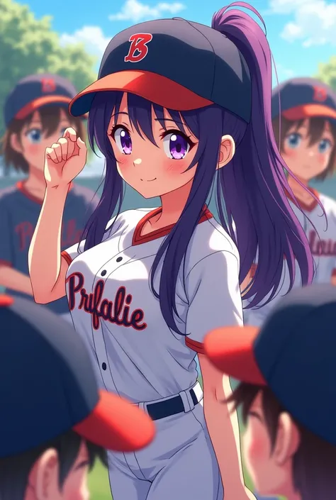 Japanese animation style、 high school girl、Baseball players、 Baseball Cap 、Dark Purple Long Hair、single ponytail、 purple pupils、 full breasts 、From Taiwan、 Team Collection、sunny