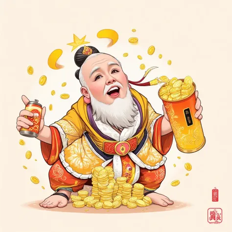  Chinese God Holding a Can of Gold Cartoon Characters, god of wealth, Inspired by Puhua,  God of Man , Chinese mythology,  Inspired by Hu Zoo-bin , Sun Wukong, ink painting, map tofu cartoon,  Asura , ( ( AI Art King  ) ),  Inspired by Gong Yin , chi-gong