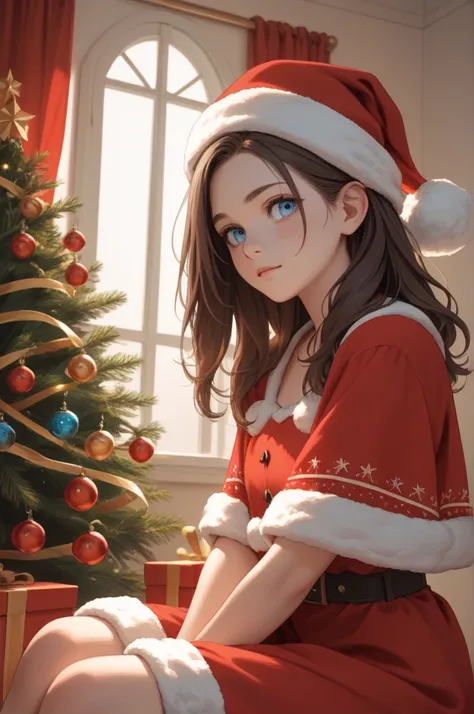 Image is a portrait-style photograph featuring a young woman with long, dark brown hair, blue eyes ,wearing a red and white Santa hat and a matching red dress with white trim. She has fair skin and is sitting beside a decorated Christmas tree adorned with ...