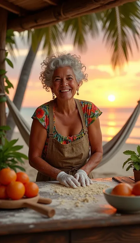 Venezuela
A spirited Venezuelan grandmother with bronze-toned skin, curly white hair, and lively green eyes. She wears a colorful floral dress paired with an apron, her hands dusted with flour as she kneads dough on a rustic kitchen counter. She’s in an op...