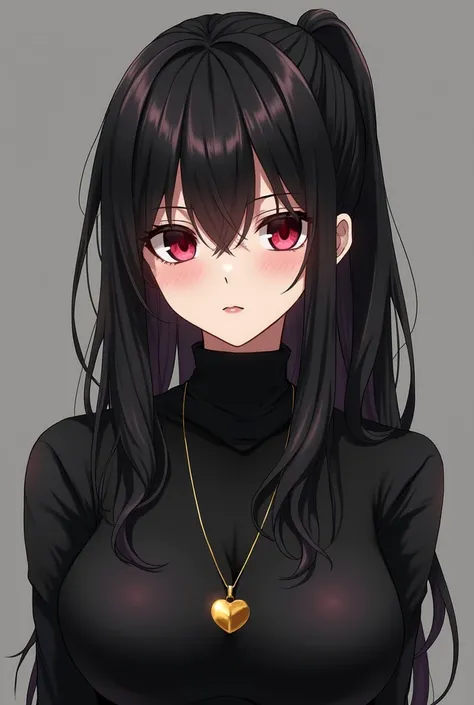 The model is an anime cartoon ,  she wears long black hair similar to that of an emo and similar to that of Kaneki Ken from Tokyo Ghoul,  She wears a turtleneck sweater along with a gold heart necklace ,  Her eyes are wine red and she has a ponytail around...