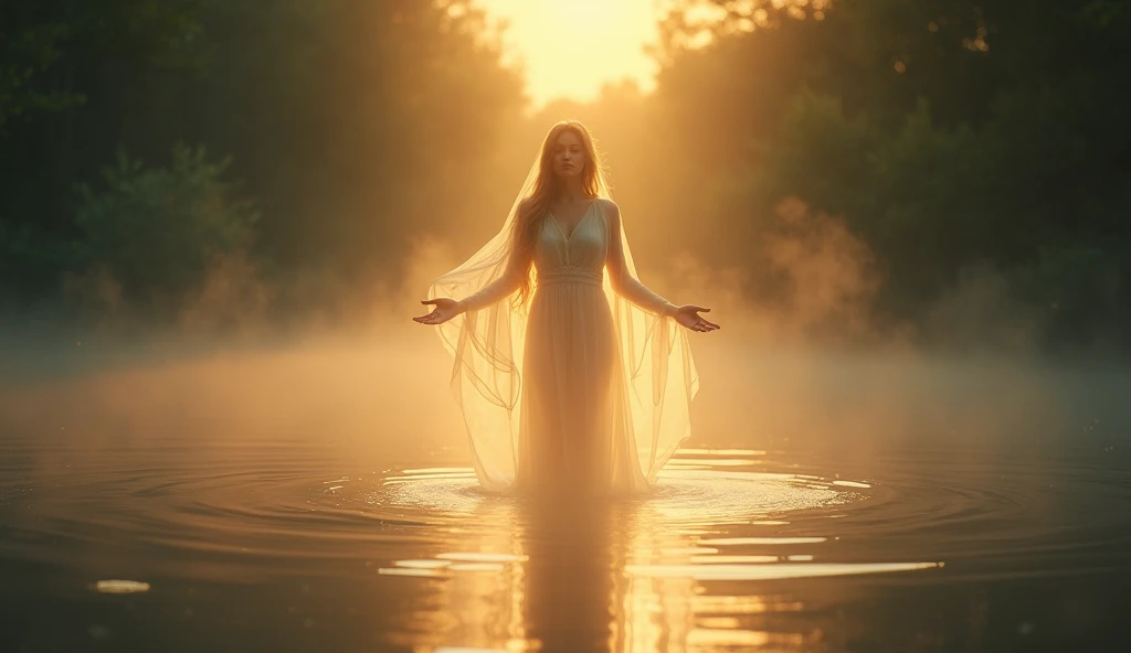 A radiant ghostly figure of a woman emerging from the pond, surrounded by a glowing golden light. Her expression is peaceful and grateful. The water around her is calm, with ripples reflecting the moonlight. The mist begins to clear, revealing a serene atm...