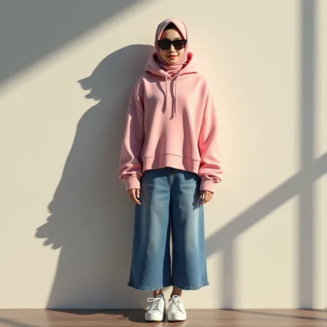 Create a realistic image of a 27-year-old white girl with dimple on her face in pink hoodie wear hijab, blue denim skirt, qsneakers and sunglasses sitting in smile face. Stand with her is a shadow a man she love wall behind her. The image should be realist...