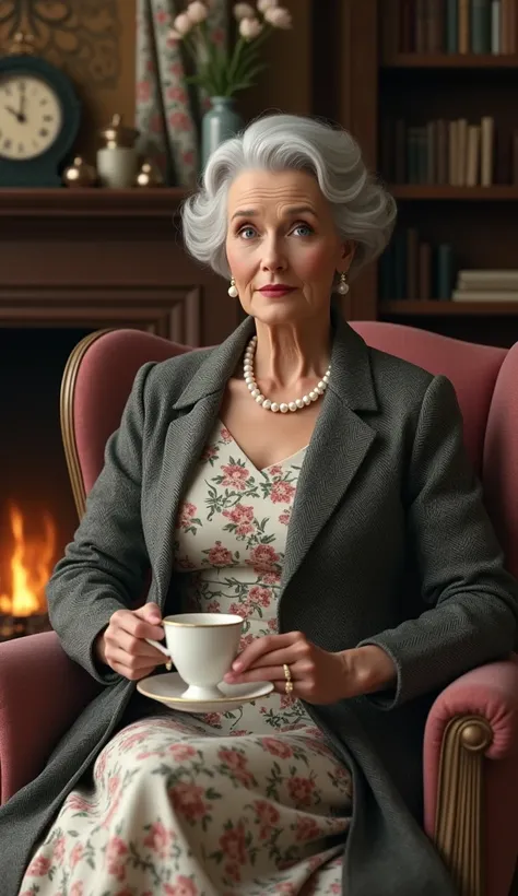 United Kingdom
A poised British grandmother with fair skin, pale blue eyes, and short, wavy silver hair. She’s dressed in a classic tweed blazer and a modest floral dress, with a pearl necklace and matching earrings. She sits in a cozy armchair by a roarin...