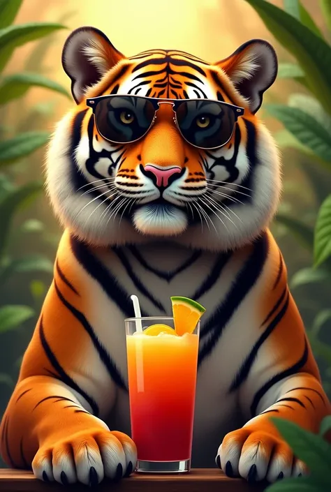 Tiger with sunglass drinkung juice
