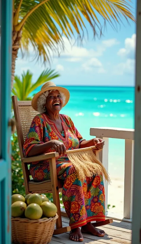 Bahamas
A lively Bahamian grandmother with warm brown skin, curly white hair, and a wide, welcoming smile. She wears a loose, colorful kaftan in tropical patterns, with a straw hat perched on her head. She’s seated on a rocking chair on a porch, with the o...