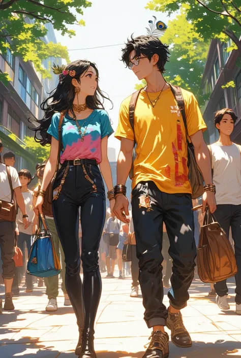 A anime inspired modern depiction of Radha and Krishna as college students .Radha with her golden-white glowing skin, is wearing tight black jeans and modern blouse of blue and pink variation, knee high boots ,has long body length wavy dark hair with a sma...