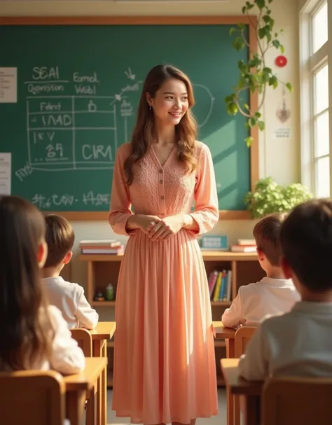 A schoolteacher in a beautiful formal dress in front of a blackboard, surrounded by happy students.   The classroom is lively, with books, charts and a bright atmosphere.   (9:16 ratio)