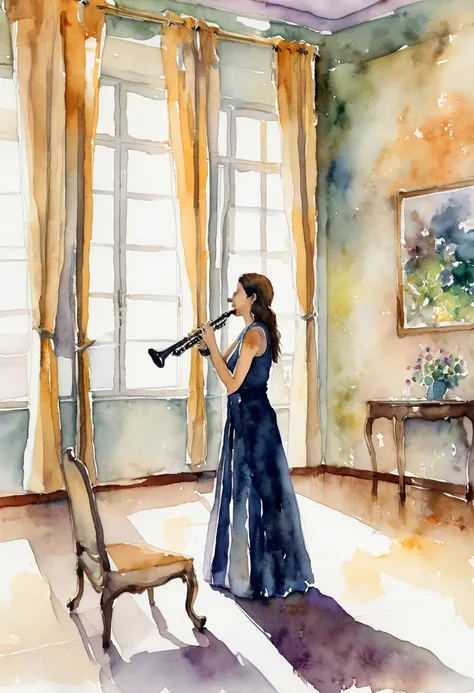 A woman playing a clarinet in a room, artistic, watercolor