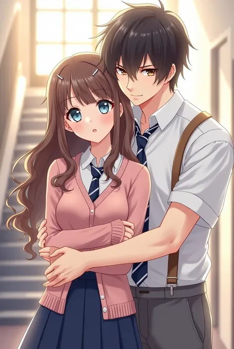  High detail and realistic anime style illustration of handsome and beautiful high school couple.  The girl has long brown hair wavy with bangs ,  big blue eyes , and pale skin .  She is wearing a light pink cardigan with buttons , white shirt,  dark blue ...