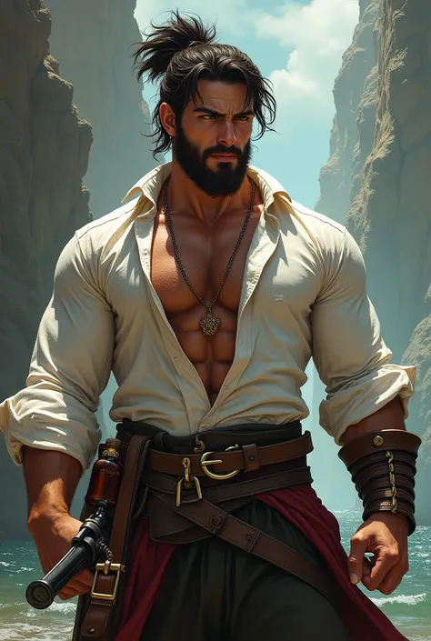 a pirate guy,men bun hair,teenage,facial hair,muscular,giganted muscle,large breast ,one hand holding a Black powder pirate flintlock pistol and another hand hold a bottle of liquor, smirk,เจ้าเล่ห์,เสื้อเชิ๊ตสีขาวเปียกๆ,cool pose,charactor desire,pirate,l...