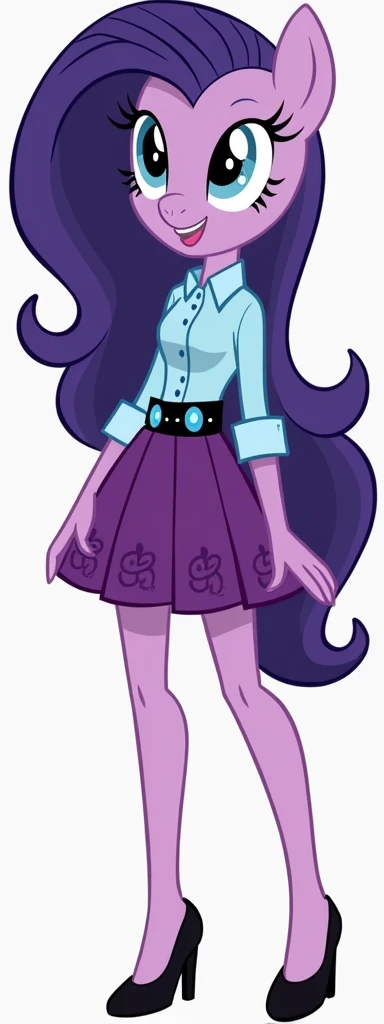 My Little Pony Equestia Girls rarity, black heels, She previously wore a pale blue elbow-sleeved shirt, a purple skirt with her pony counterparts cutie mark, a darker purple (or sometimes black) belt with two blue buckles