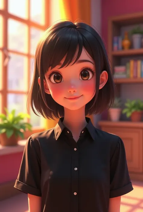   Wear polite black shirt smile girl, hd, animation, realistic, colourful, vibrant