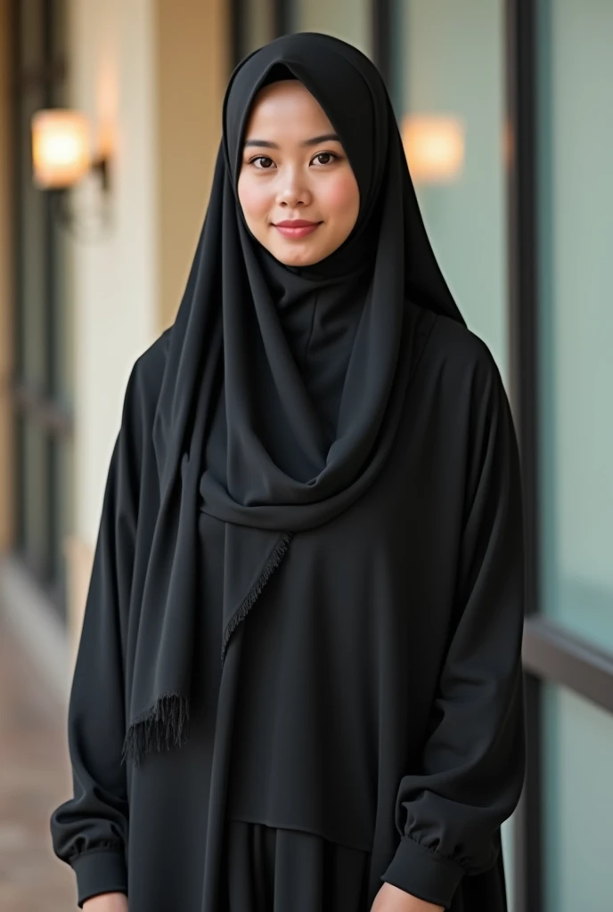 Indonesian sweet young attractive muslimah office girl, slim beautiful body, georgeus pretty face, about twenty four years old, descent mixed from sundanese and malay, wearing thin hijab, wearing thin see through beautiful tuged aside abaya  make her hairy...