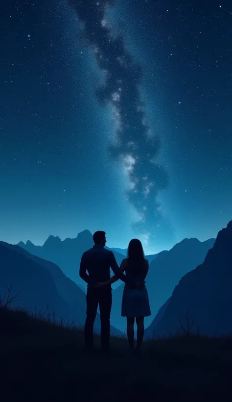   Man and woman crossing arms in mountains  、  back view looking down at a night sky full of stars,  upper body silhouette 、  man and woman standing right 、 looking at a sky full of stars from the rear  。