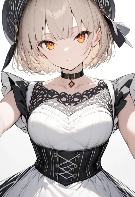 {{masterpiece、 Attention to Details }}、((White background,eye level shot、 cowboy shot、 looking at me))、、 1 girl、black and white corset dress、 black choker、 No Emotion、 Light Brown Short Hair、(Black　Dhaka Topi)、Orange eyes