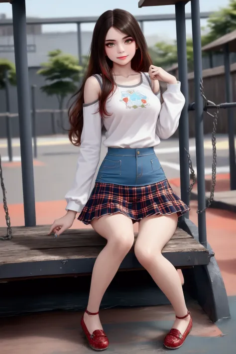 adorable teenage woman, posing, at playground, {+forehead, dark brown hair,long wavy hair}, BREAK, white long sleeves boat neck shirt (+shown gray top straps), light-blue denim pencil mini skirt (+ red tartan ruffle hem skirt), BREAK, (1girl, solo, full bo...