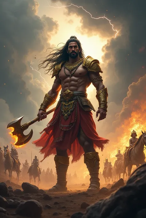 An epic, dynamic scene of Lord Parashurama, the fierce Brahmin warrior, standing tall in the midst of a stormy battlefield. He is depicted as a muscular, divine figure, radiating strength and authority. His long, flowing hair is wild, swept by the wind, an...