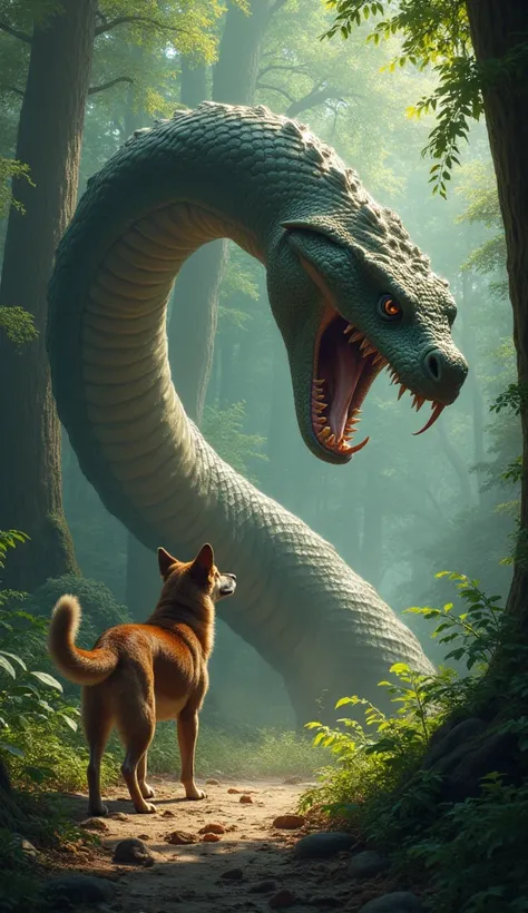 Dog and giant snake in forest